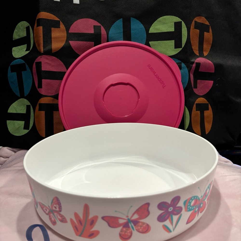 Tupperware White Bowl with Pink Lid and Butterfly Design